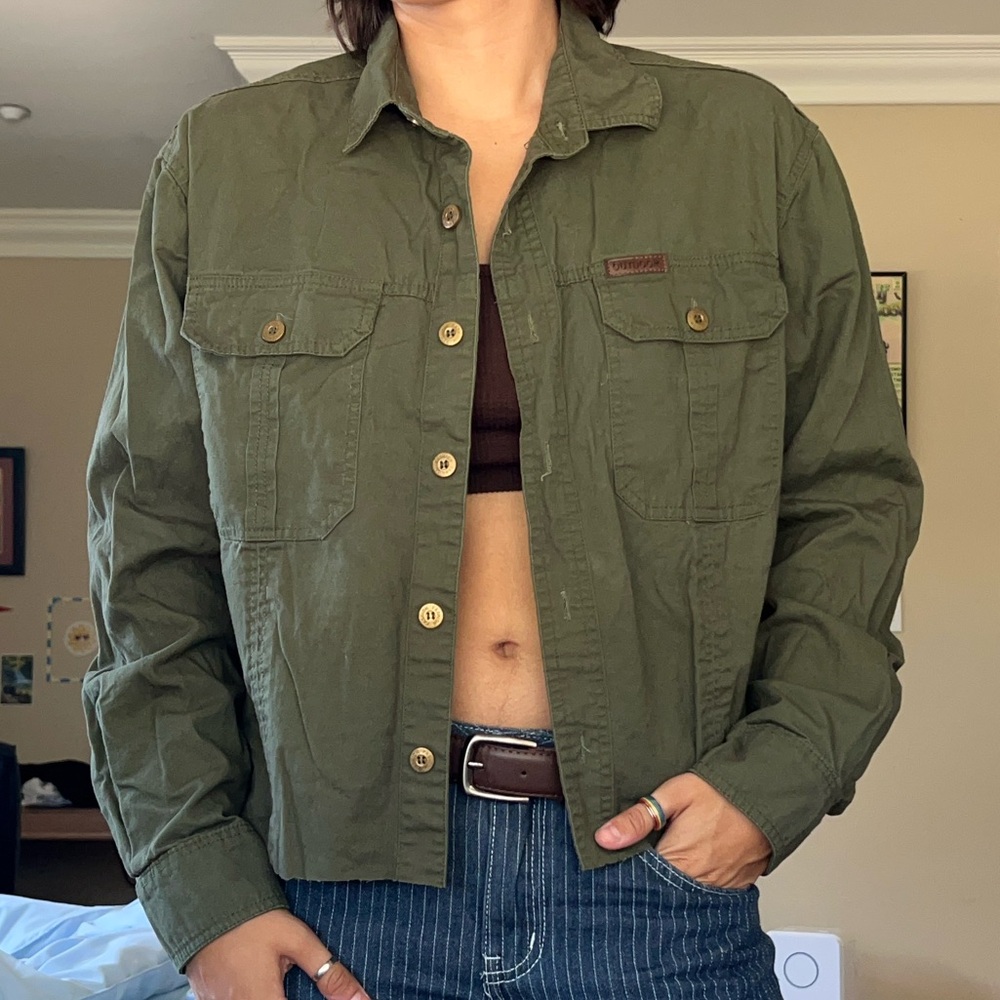 Olive Green Cropped Button-Up